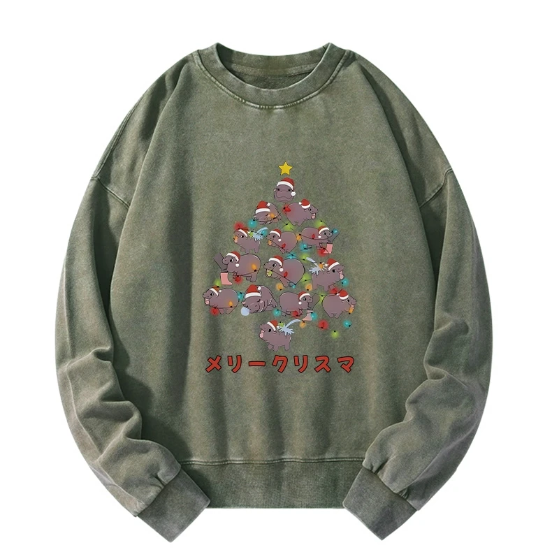 Moo Deng Christmas Tree Japanese Washed Sweatshirt
