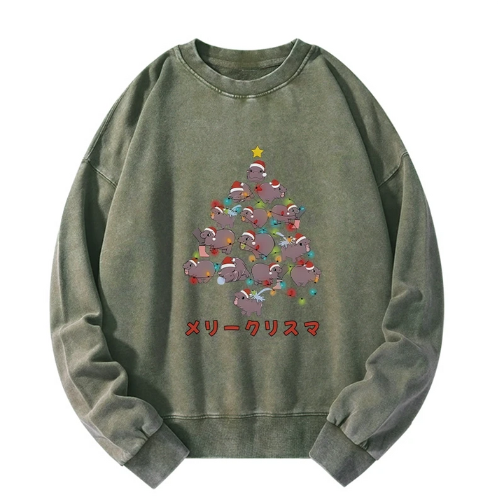 Moo Deng Christmas Tree Japanese Washed Sweatshirt