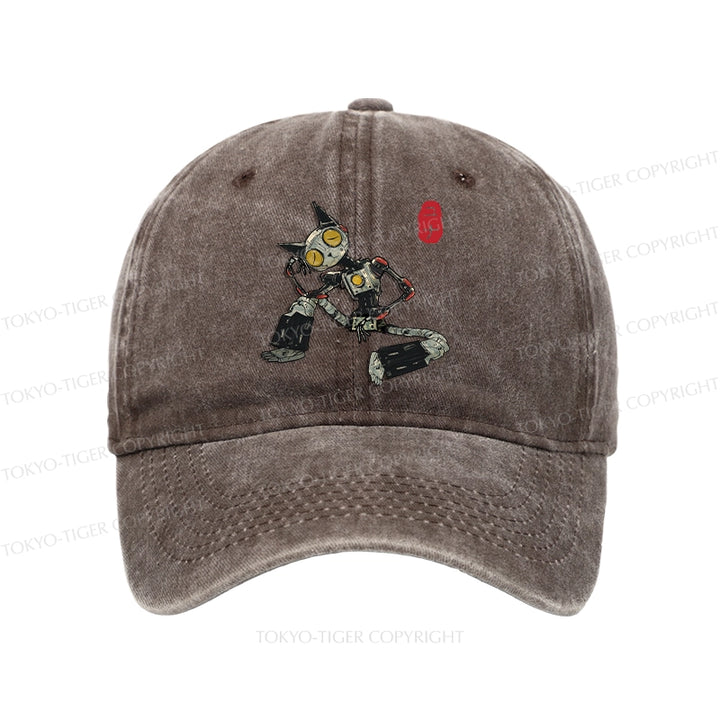 Contemplative Robot Cat Washed Cap