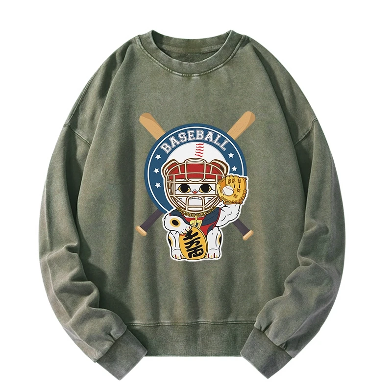Janpaese Baseball Cat Washed Sweatshirt
