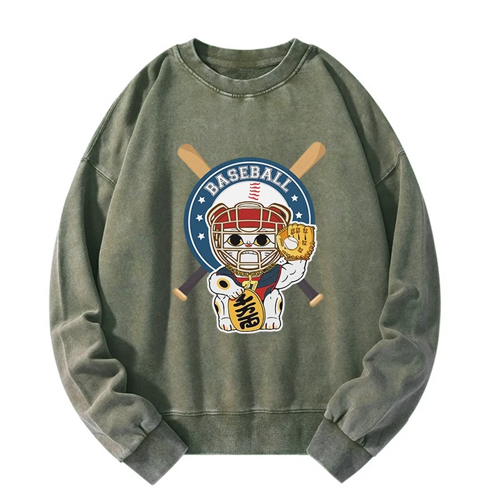 Janpaese Baseball Cat Washed Sweatshirt