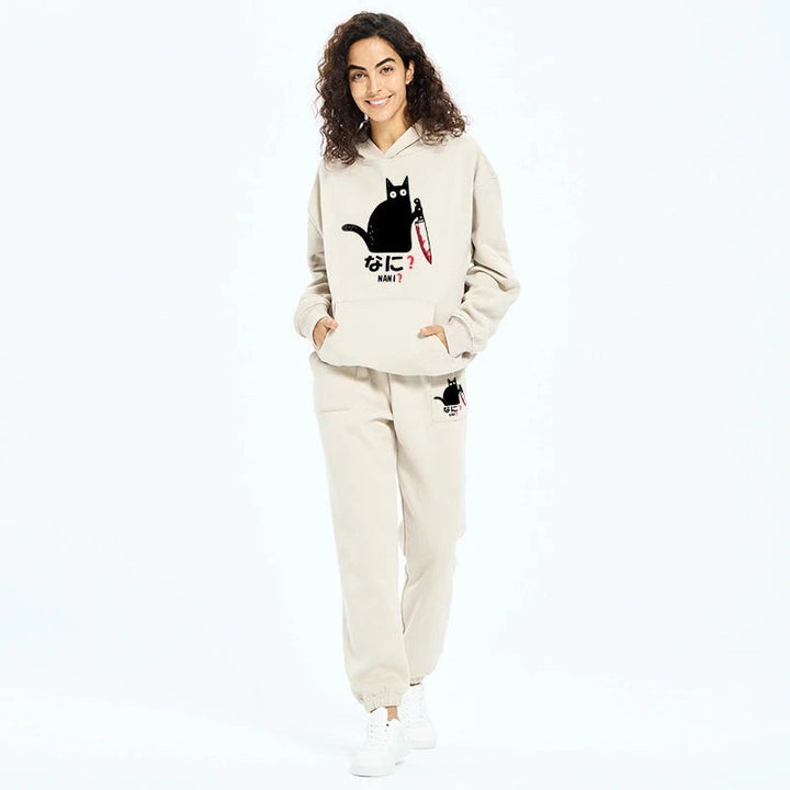 A Puzzled Cat Holding A Knife Fleece Lined Hoodie Set