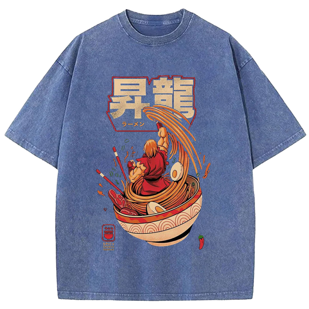 Japanese Anime Ramen Washed Crew Neck T-Shirt