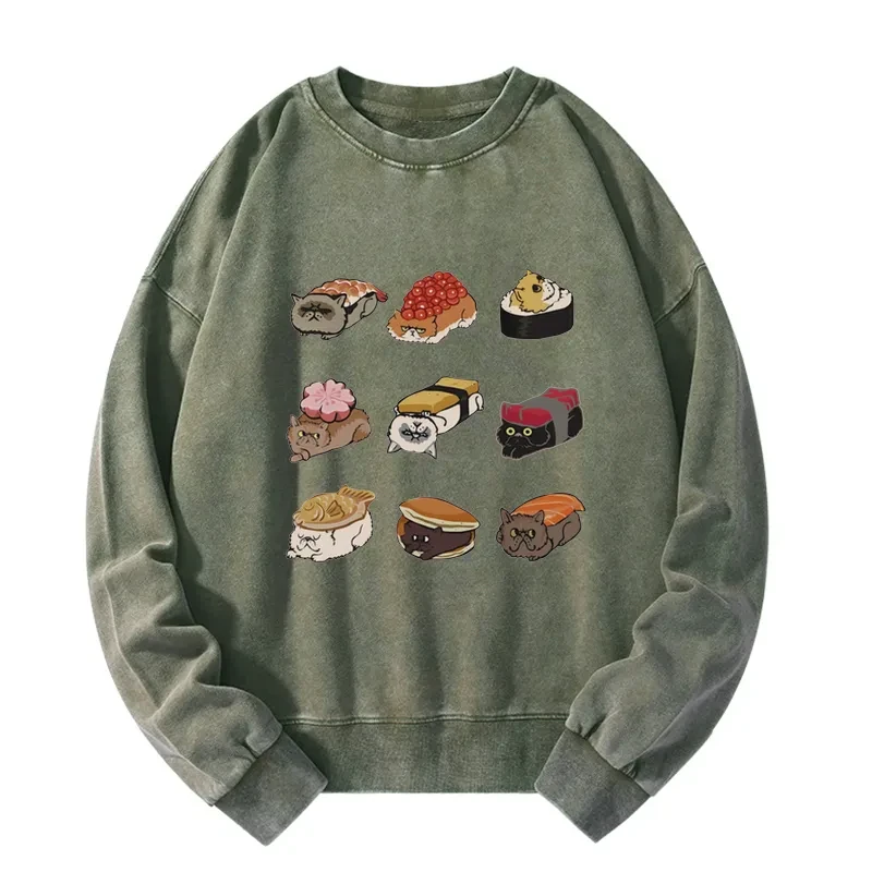 Cute Cat Sushi Washed Sweatshirt