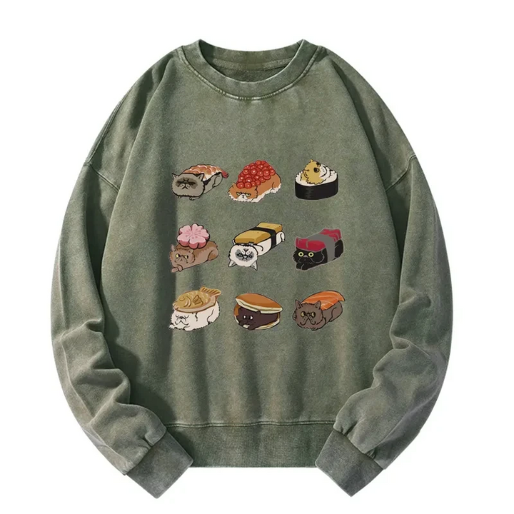Cute Cat Sushi Washed Sweatshirt