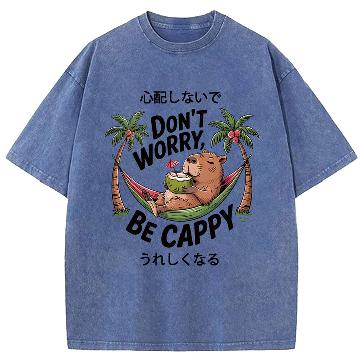 DON'T WORRY BE CAPPY Washed Crew Neck T-Shirt