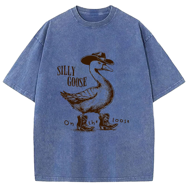 Silly Goose On The Loose Western Design Washed Crew Neck T-shirt