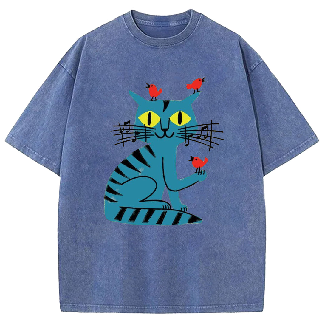 Funny Cat Design Washed Crew Neck T-Shirt