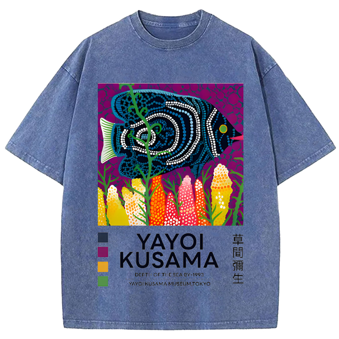 Yayoi Kusama Flower Vintage Japanese Design Washed Crew Neck T-Shirt