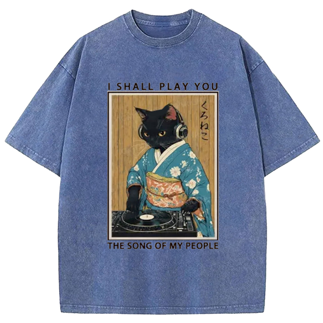 Funny Playing Music Black Cat  Washed Crew Neck T-Shirt