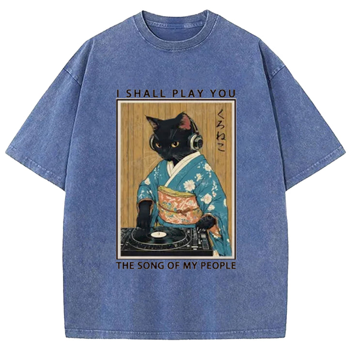 Funny Playing Music Black Cat  Washed Crew Neck T-Shirt