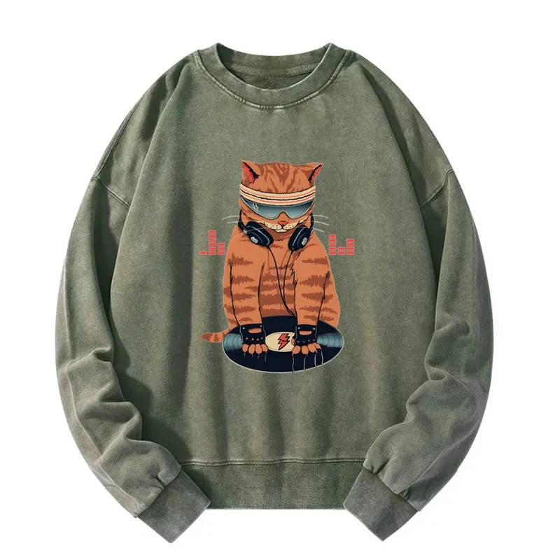 Funny Cat DJ Washed Sweatshirt