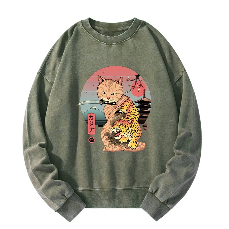 Katana Cat Tattoo Washed Sweatshirt