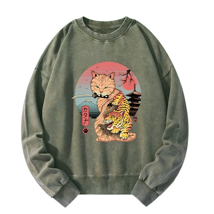 Katana Cat Tattoo Washed Sweatshirt