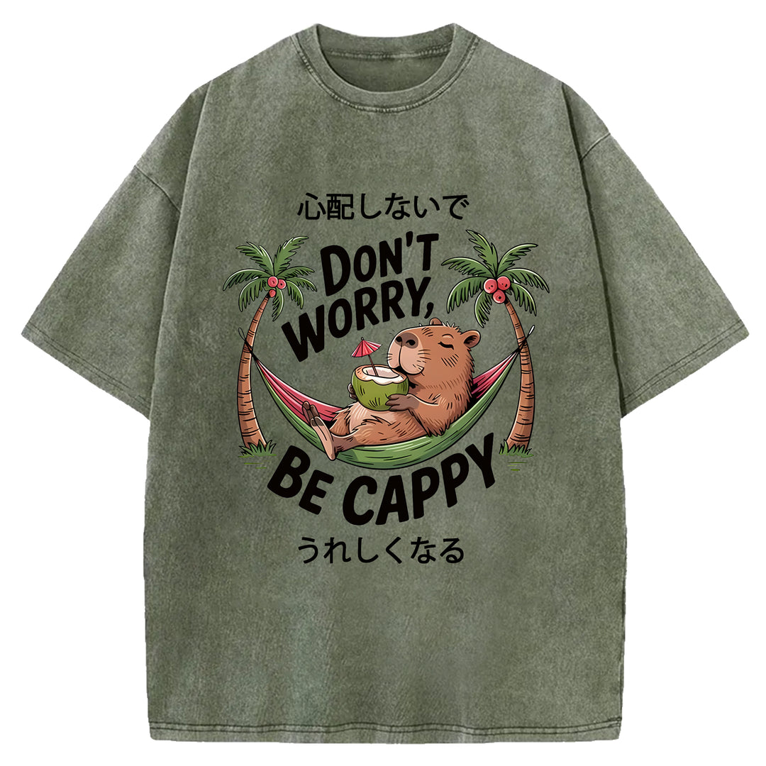 DON'T WORRY BE CAPPY Washed Crew Neck T-Shirt