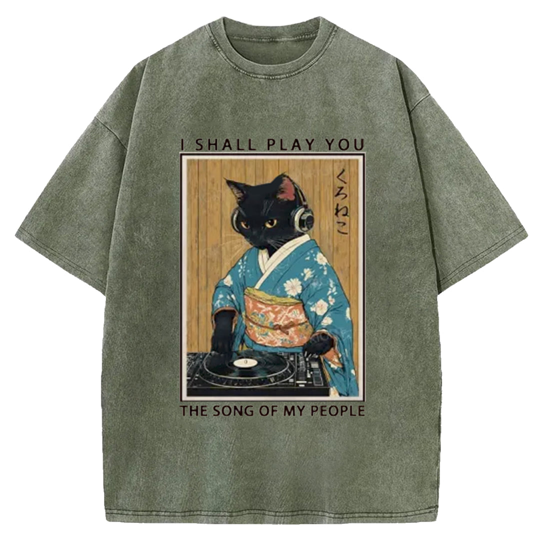 Funny Playing Music Black Cat  Washed Crew Neck T-Shirt