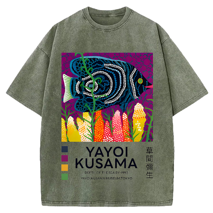 Yayoi Kusama Flower Vintage Japanese Design Washed Crew Neck T-Shirt