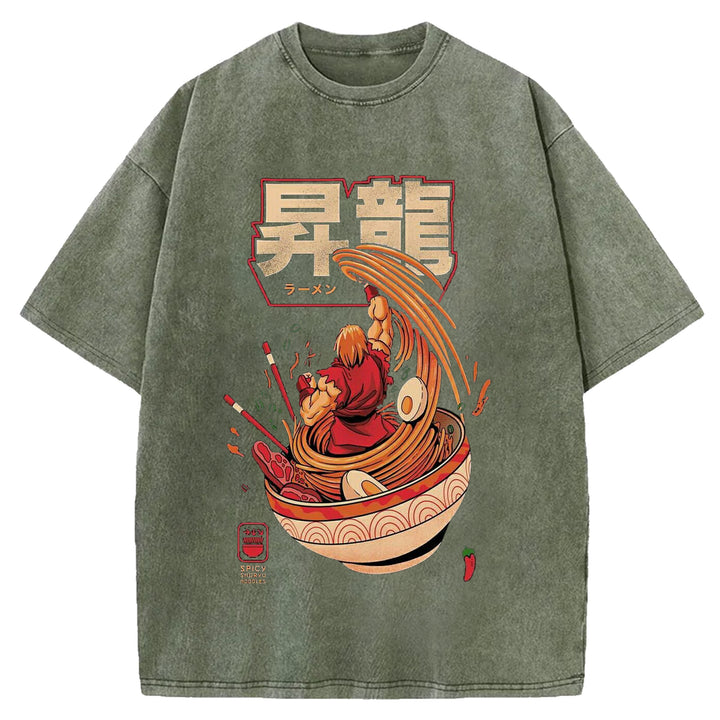 Japanese Anime Ramen Washed Crew Neck T-Shirt