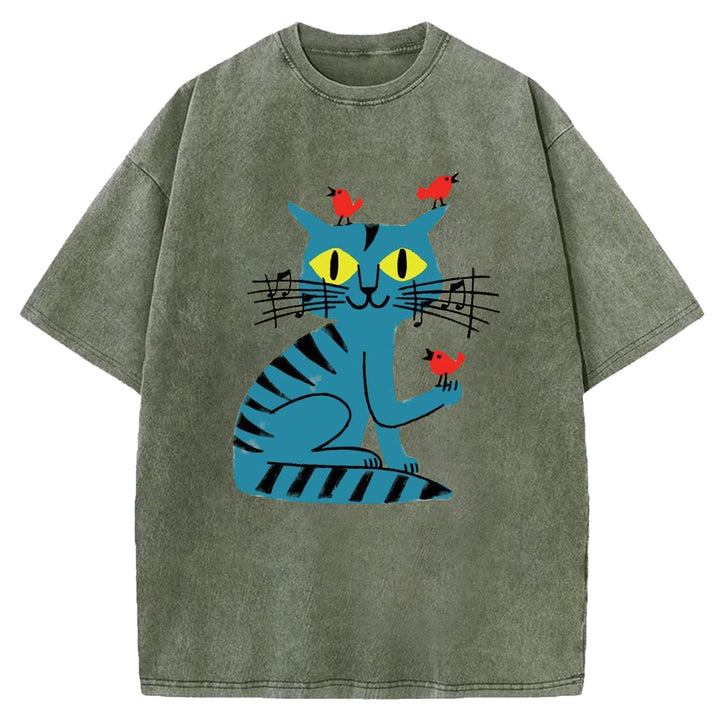 Funny Cat Design Washed Crew Neck T-Shirt