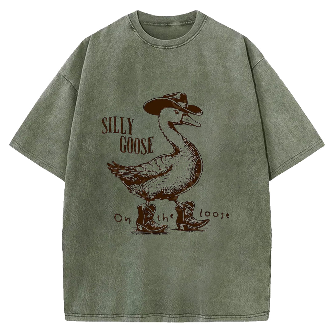 Silly Goose On The Loose Western Design Washed Crew Neck T-shirt