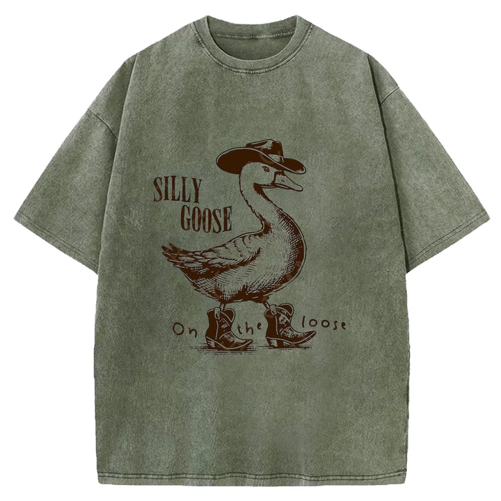 Silly Goose On The Loose Western Design Washed Crew Neck T-shirt