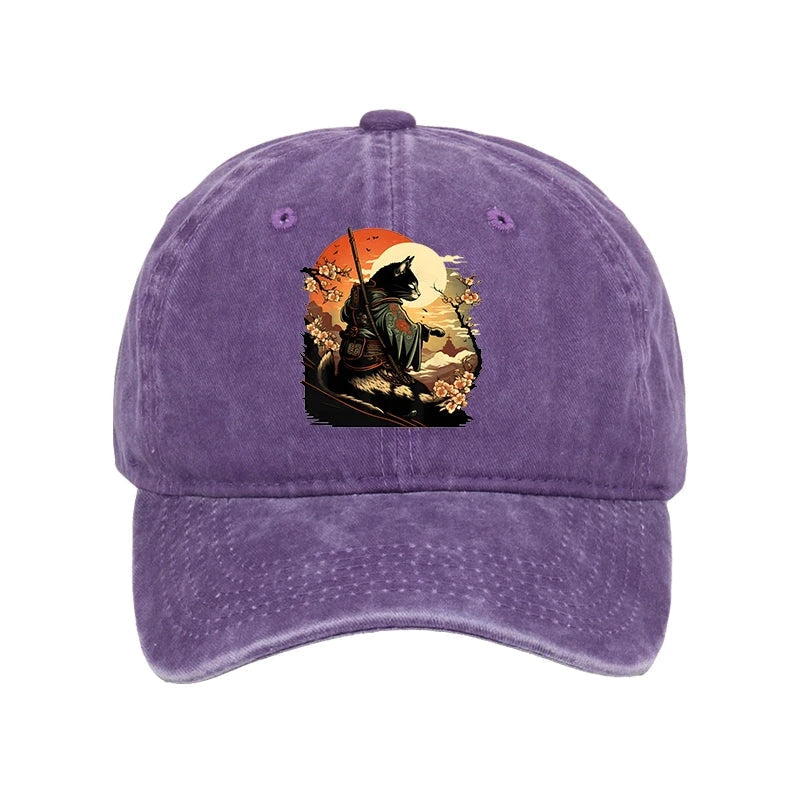 Cat Ninja Ukiyo-e Anime Style Samurai Washed Cap