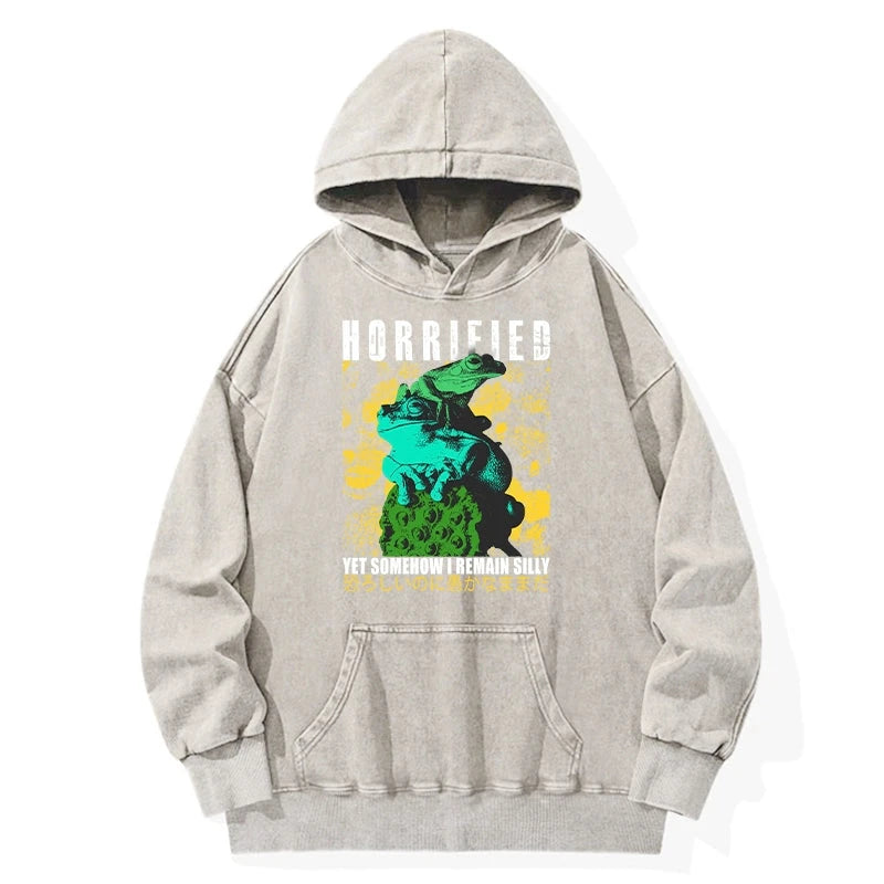 Horrified Two Frogs Funny Washed Hoodie