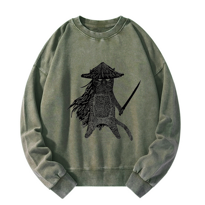 Japanese Samurai Cat Washed Sweatshirt