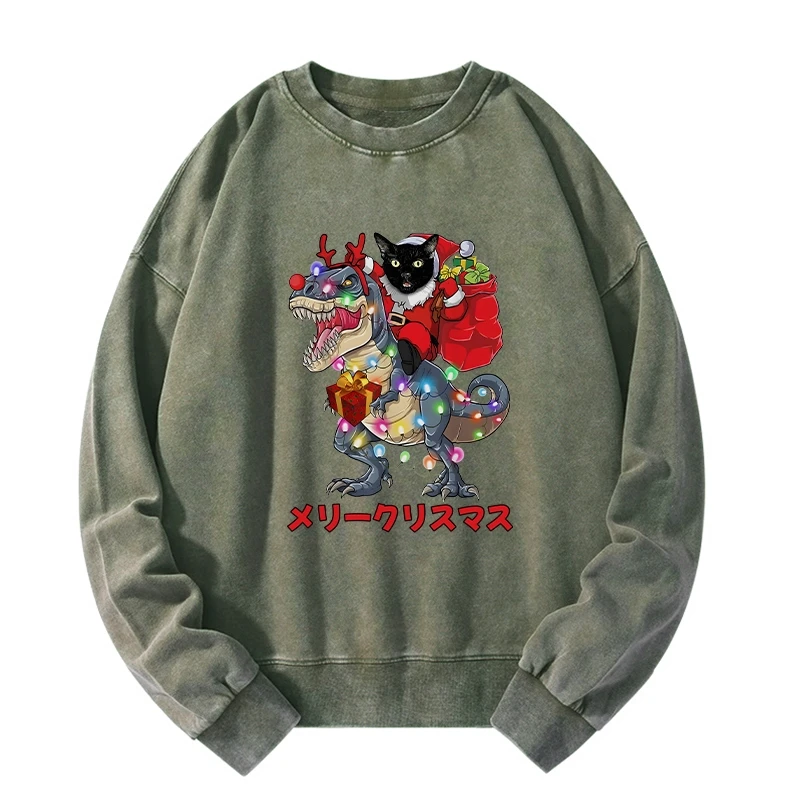 Cat Riding Dinosaur Christmas Washed Sweatshirt