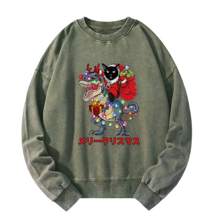 Cat Riding Dinosaur Christmas Washed Sweatshirt