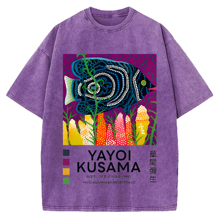 Yayoi Kusama Flower Vintage Japanese Design Washed Crew Neck T-Shirt
