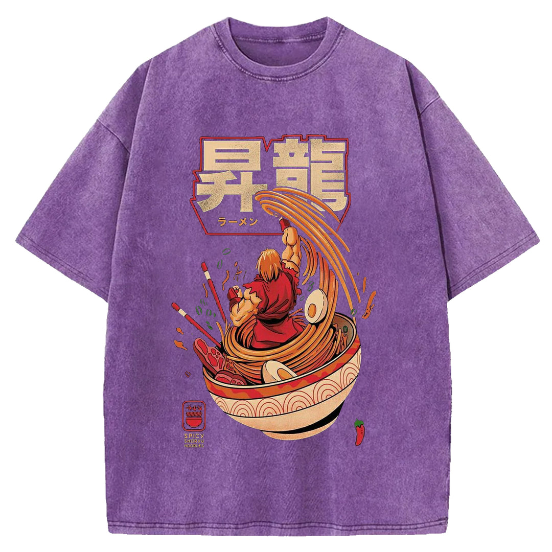 Japanese Anime Ramen Washed Crew Neck T-Shirt