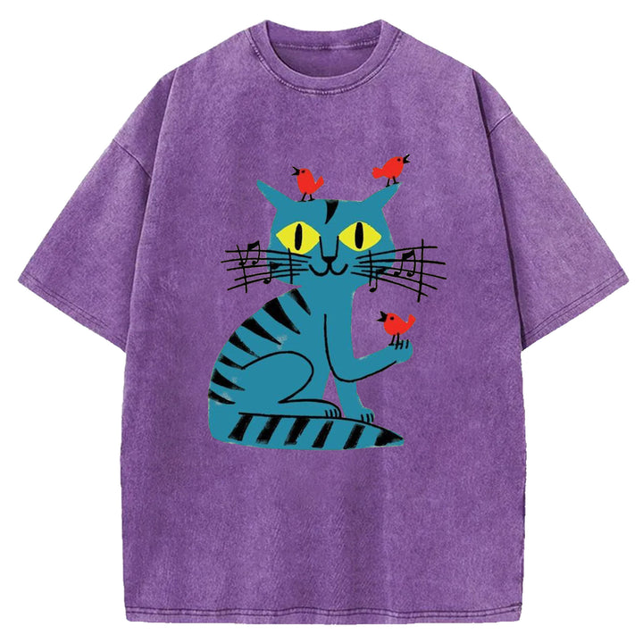 Funny Cat Design Washed Crew Neck T-Shirt