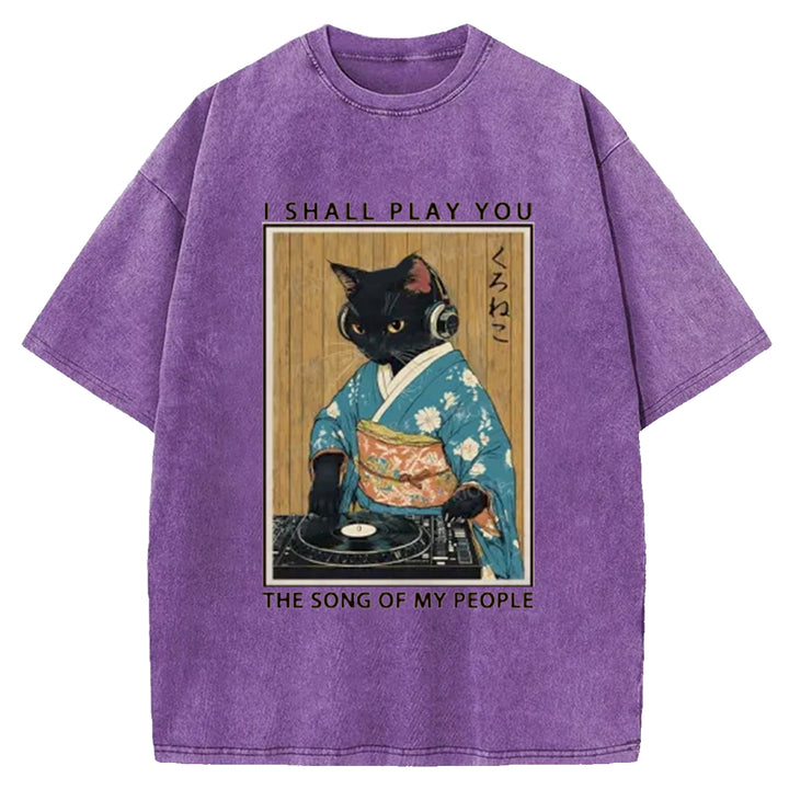 Funny Playing Music Black Cat  Washed Crew Neck T-Shirt