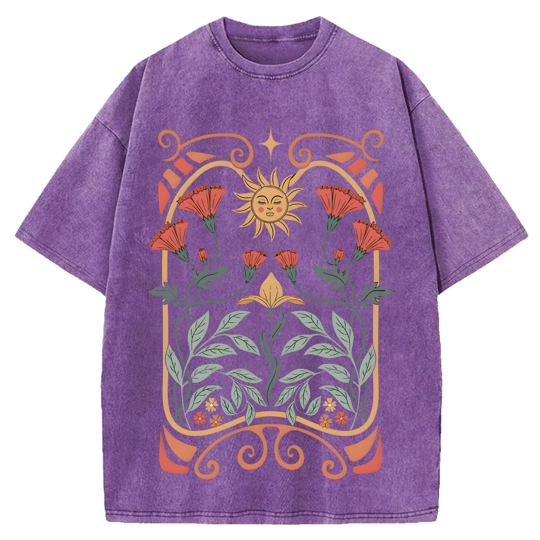 Vintage Flowers Design Washed Crew Neck T-Shirt