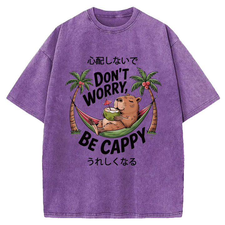 DON'T WORRY BE CAPPY Washed Crew Neck T-Shirt
