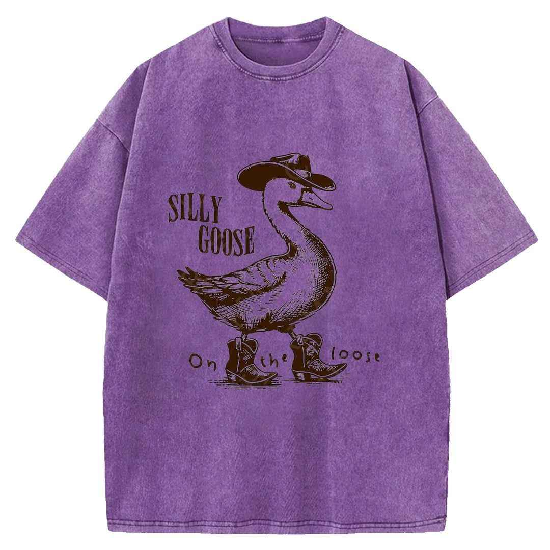 Silly Goose On The Loose Western Design Washed Crew Neck T-shirt