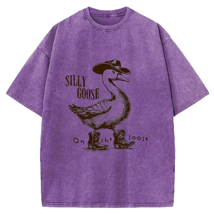 Silly Goose On The Loose Western Design Washed Crew Neck T-shirt
