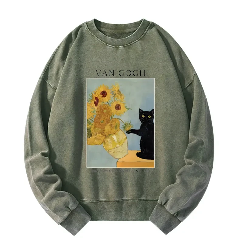 Black Cat With Sunflowers Washed Sweatshirt