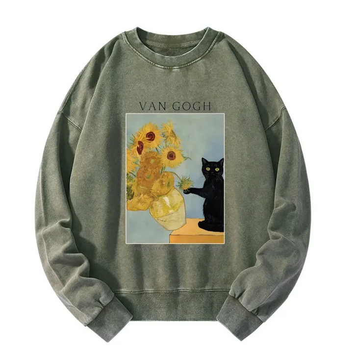 Black Cat With Sunflowers Washed Sweatshirt