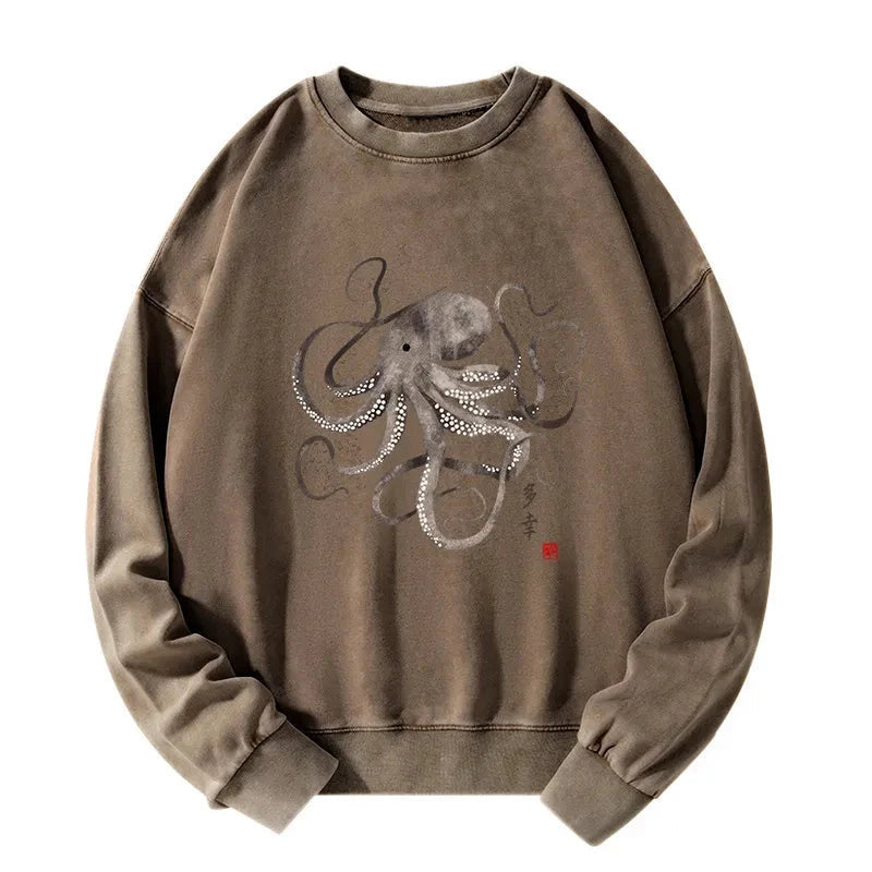 Octopus Japanese Calligraphy Washed Sweatshirt