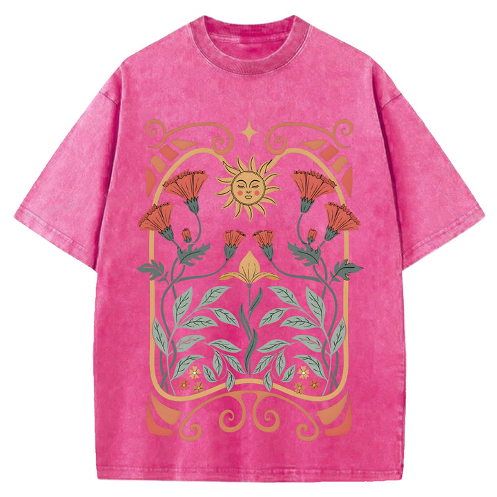 Vintage Flowers Design Washed Crew Neck T-Shirt