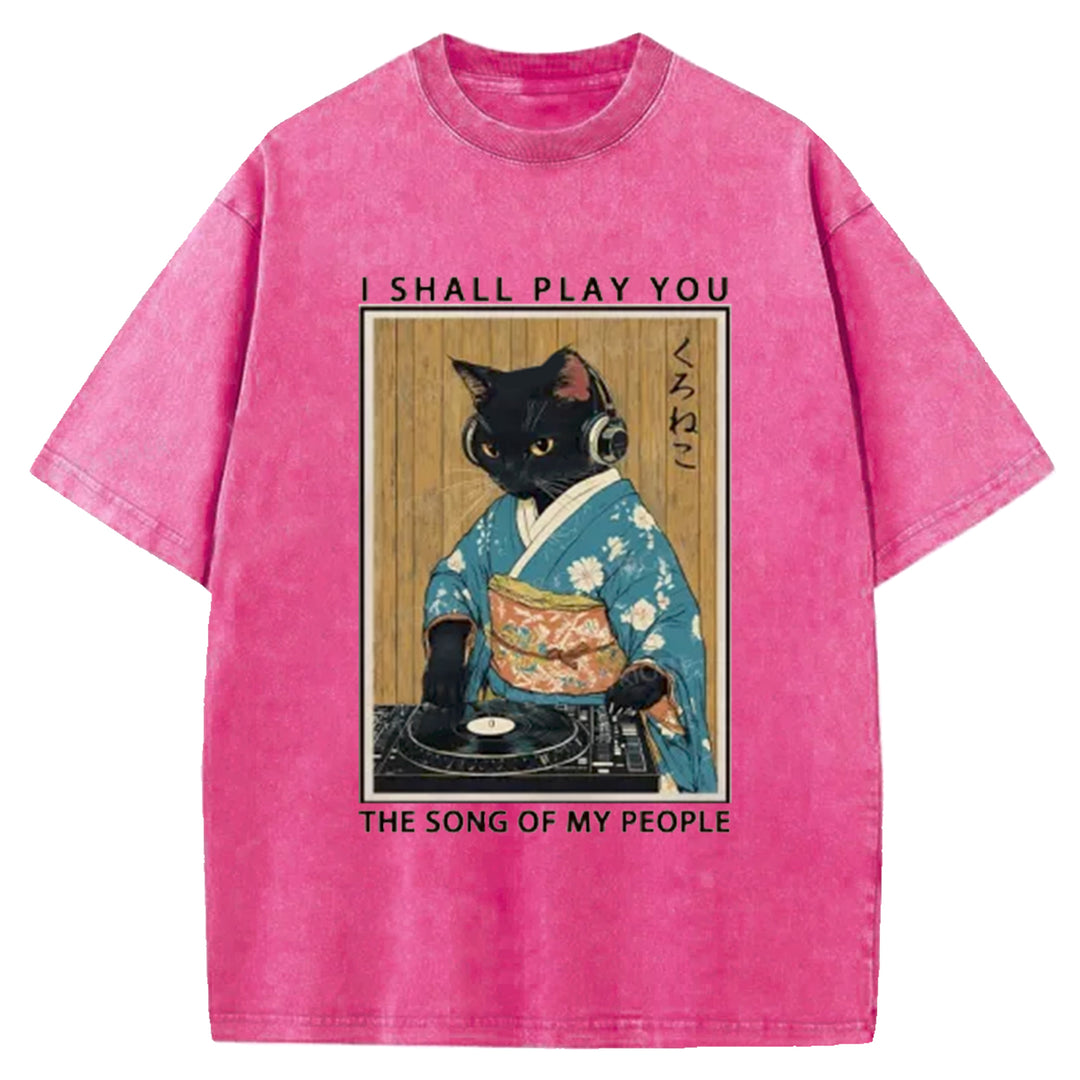 Funny Playing Music Black Cat  Washed Crew Neck T-Shirt