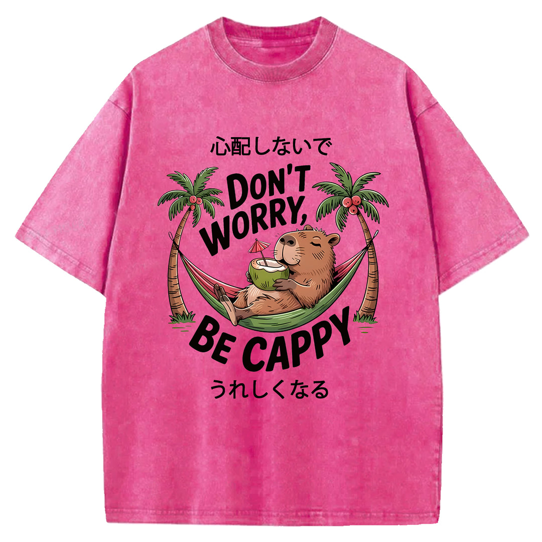 DON'T WORRY BE CAPPY Washed Crew Neck T-Shirt