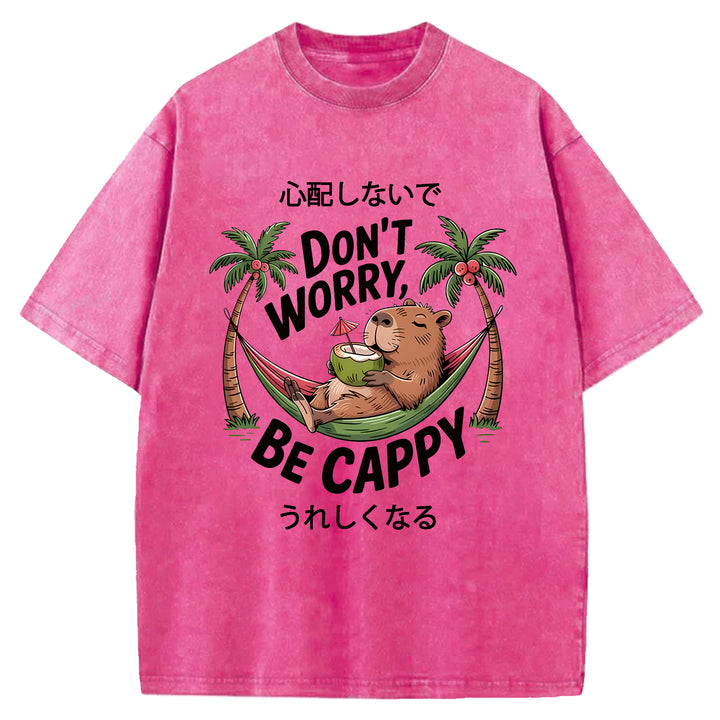 DON'T WORRY BE CAPPY Washed Crew Neck T-Shirt