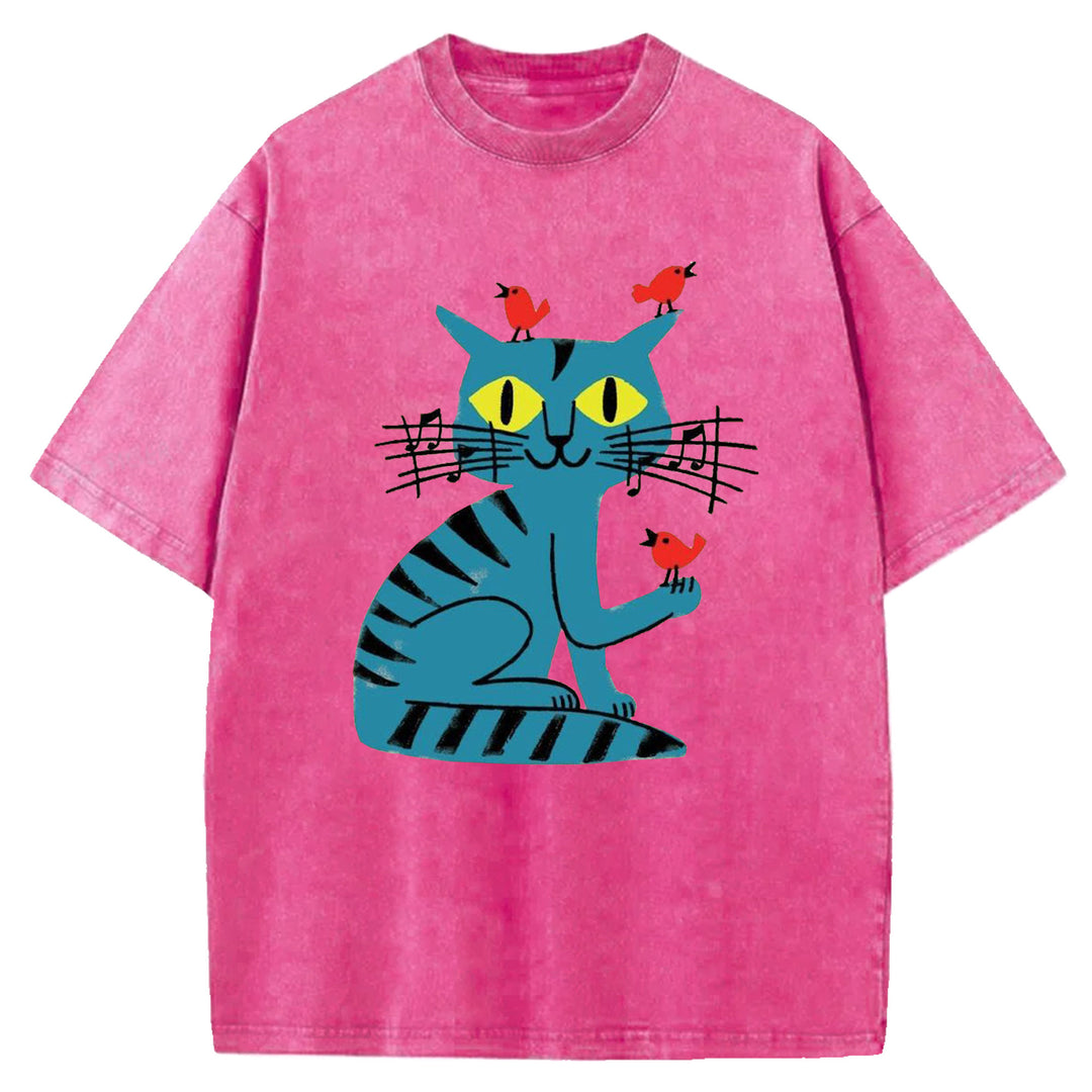 Funny Cat Design Washed Crew Neck T-Shirt