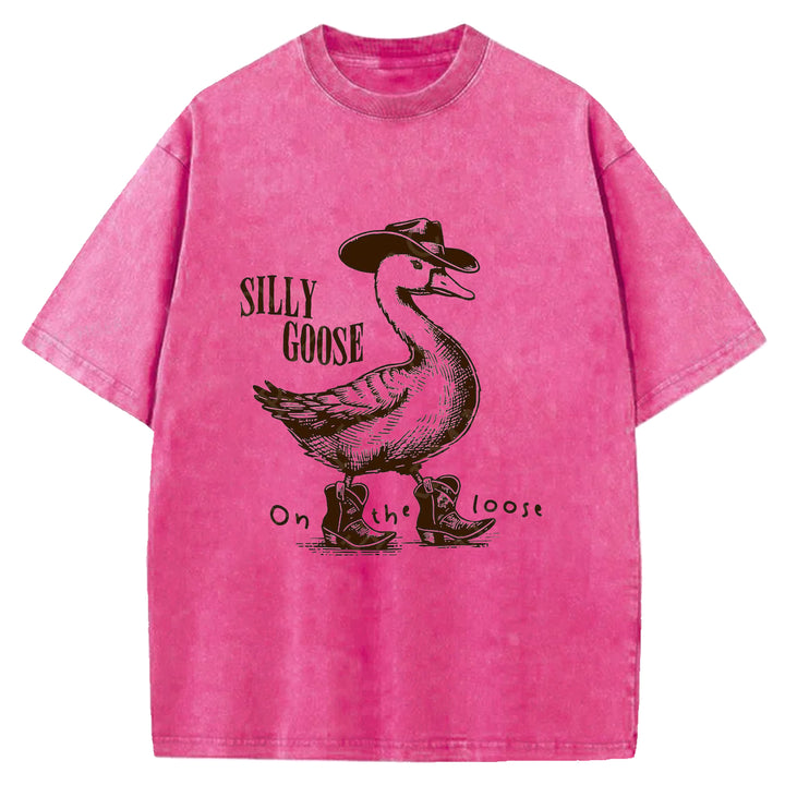 Silly Goose On The Loose Western Design Washed Crew Neck T-shirt
