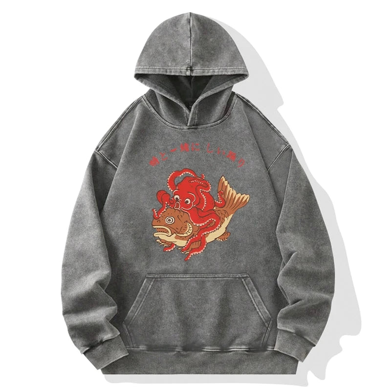 Octopus And Koi Dance Together Washed Hoodie