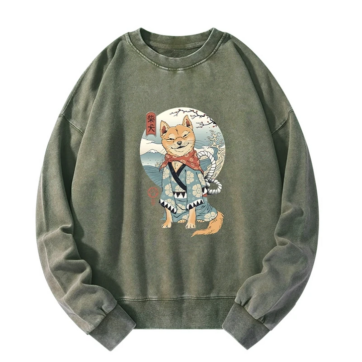 Samurai Shiba Dog Japanese Washed Sweatshirt