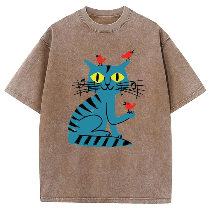 Funny Cat Design Washed Crew Neck T-Shirt